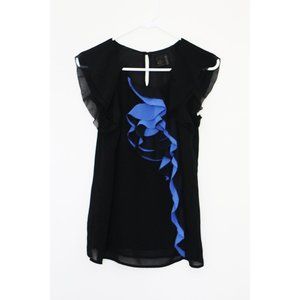 C. Luce Black Blue Ruffle Flower Blouse S